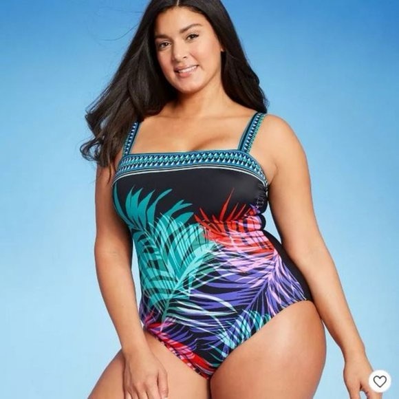 Aqua Green Tropical Leaf Adjustable Strap One Piece Swimsuit Size Large GUC - Picture 2 of 9